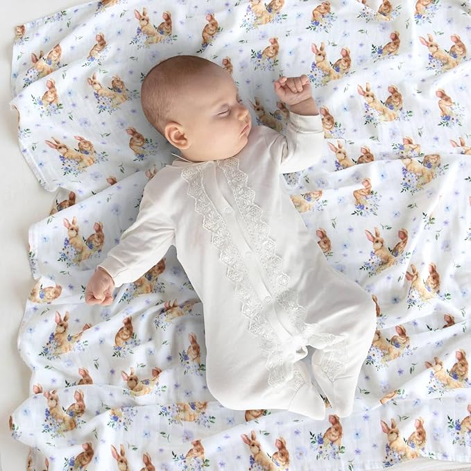 LifeTree Baby Swaddle Blankets, Muslin Swaddle Blankets Boys Girls Swaddling Wrap Receiving Blanket, 70% Viscose from Bamboo and 30% Cotton, Large 47" x 47", Floral and Rabbit Pattern