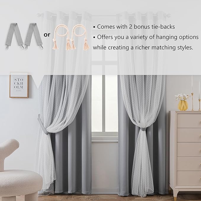 MYSKY HOME 70% Blackout Curtains for Girls Bedroom & Nursery Kids Grey Cute Curtains 63 inch Long Double Layer with Polka Dots Sheer, Grommet Tops, 52" Wide Each Panel, 2 Panels
