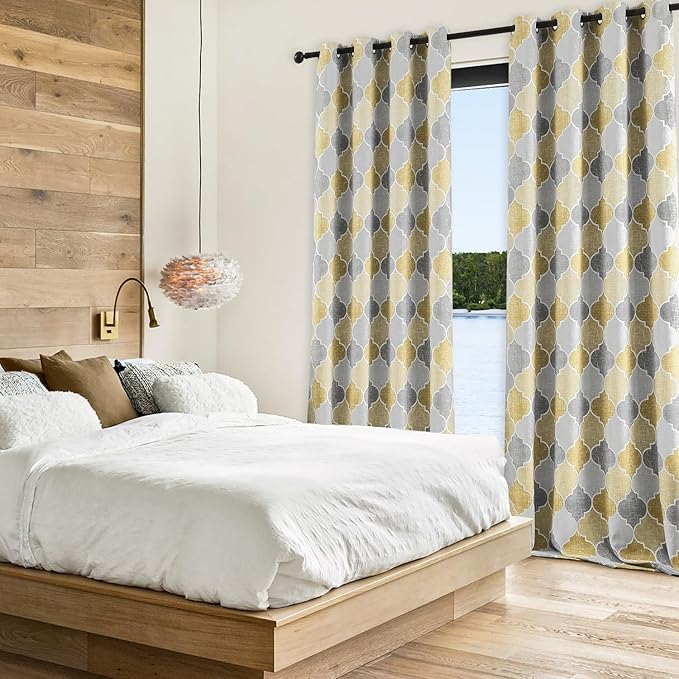 Geometric Print 100% Blackout Curtains for Bedroom Gray/Yellow Trellis Moroccan Curtains 90 Inch Length Room Darkening Thermal Insulate Grommet Top Window Treatment Sets, 2 Panels