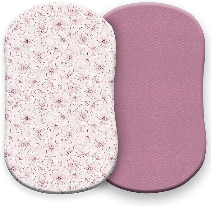 Pobibaby – 2 Pack Bassinet Sheets Girl, Bassinet Sheets Cotton for Girls and Floral Nursery for Standard Rectangle Bassinets – Ultra-Soft Jersey Knit, Safe and Snug for Baby (Blossom)