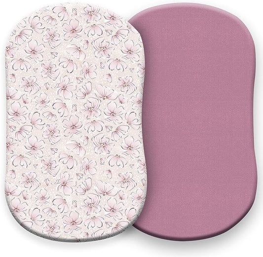 Pobibaby – 2 Pack Bassinet Sheets Girl, Bassinet Sheets Cotton for Girls and Floral Nursery for Standard Rectangle Bassinets – Ultra-Soft Jersey Knit, Safe and Snug for Baby (Blossom)