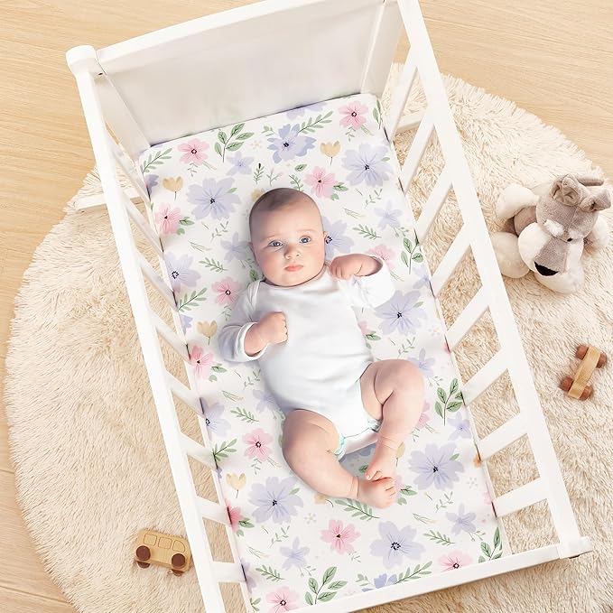 TILLYOU Baby Bassinet Sheets for Girls Boys 2 Pack Baby Sheets for Square Rectangle Oval Bassinet Mattress 33X16 Inch, Brilliant Little Flowers and Purple
