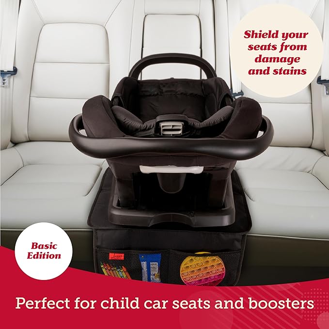 Lusso Gear Car Seat Protector for Baby - Backless Mat With Thick Padding, 2 Mesh Storage Pockets, Waterproof - Protects Fabric or Leather Seats, Non-Slip Padded Backing (Black)