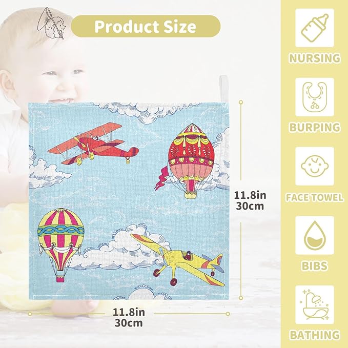 vvfelixl Hot Air Balloons Airplanes Baby Burp Cloths Baby Muslin Washcloths for Boys Girls Cotton Baby Face Towel for Newborn Infants Soft and Absorbent 11.8 X 11.8 in, 5 Pack