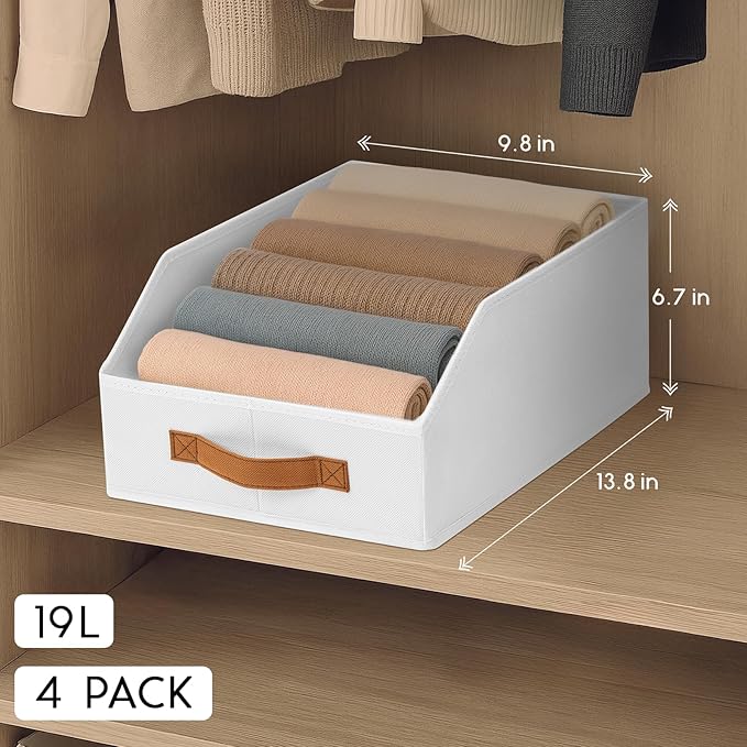 Fabric Storage Bins for Organizing - 4 Pack Large Trapezoid Collapsible Storage Bins with Front Handle, Closet Organizers and Storage for Bedroom, Home Shelves, Small Spaces, White