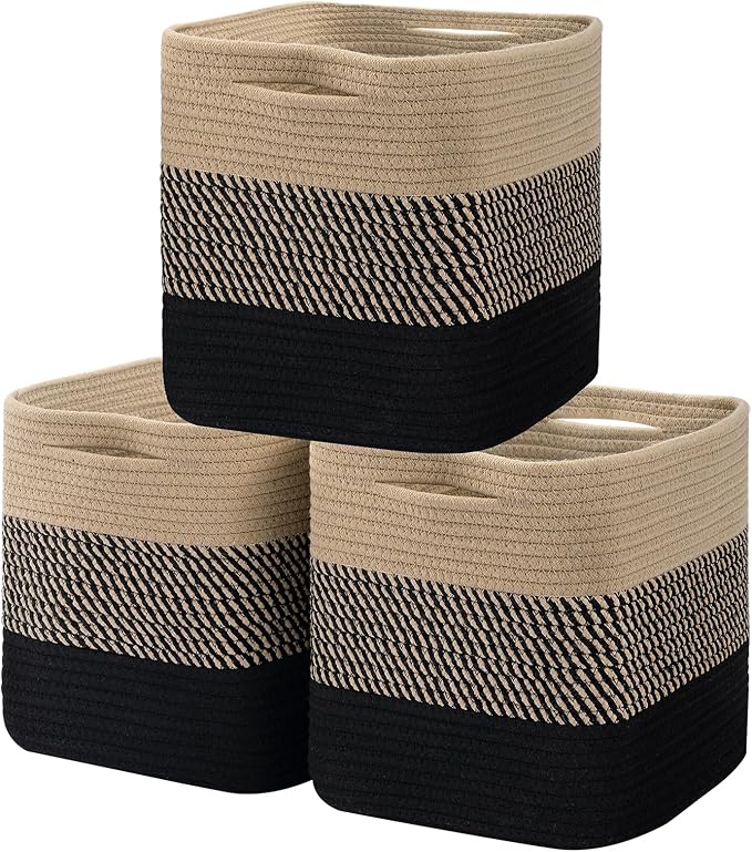 Cube Storage Bin 11" x 10.5" x 10.5" Cotton Rope Basket Square Woven Storage Basket for Shelves, Closet Organizer, Soft Towel Sock Basket, Gradient/Black Brown, 3 Pack