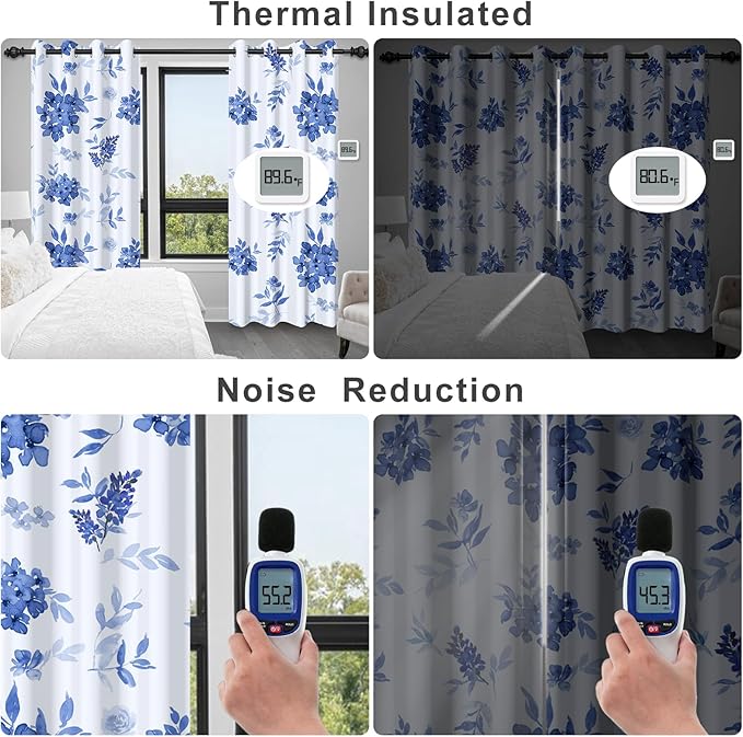 Blackout Curtains 84 inch Length 2 Panels Set, Blue Floral Print Thermal Privacy Grommet Winter Black Out Curtains for Bedroom with Black Liner, Rustic Soundproof Window Drapes for Living Room Nursery