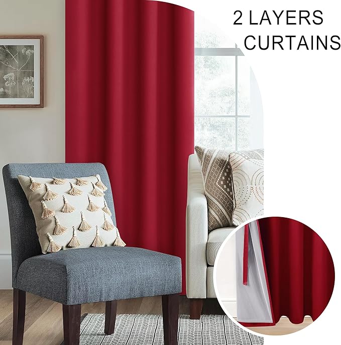 XWZO 100% Blackout Window Curtains - Thermal Insulated & Noise Reduction Black Liner Window Treatment Sewn with Tiebacks for Bedroom/Living Room, Christmas Red, W52 x L84, Set of 2 Panels