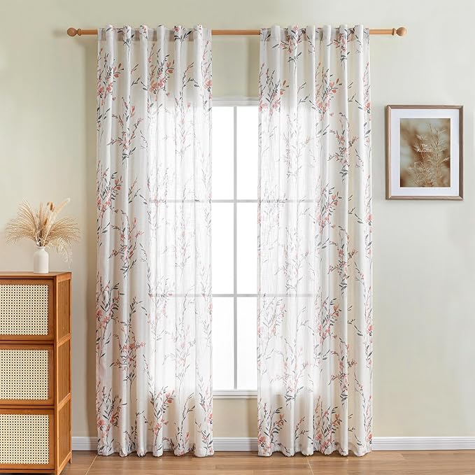 MYSKY HOME Floral Sheer Curtains for Living Room 84 Inches Long Light Filtering Window Treatment Sets Bedroom Dining Room Leaf Printed Vintage Farmhouse Curtains & Drapes, Coral, 52"x84",2 Panels