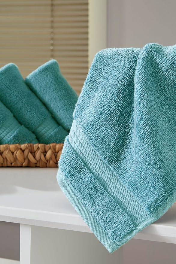 Ozdilek 6-Piece Washcloth Set 13x13 100% Turkish Cotton, 600 GSM, Soft, Gentle on Sensitive Skin, Multi-Purpose Use, Washable, Reusable, Ideal for Baby Care & Spa 6 Towels (Milky Blue)