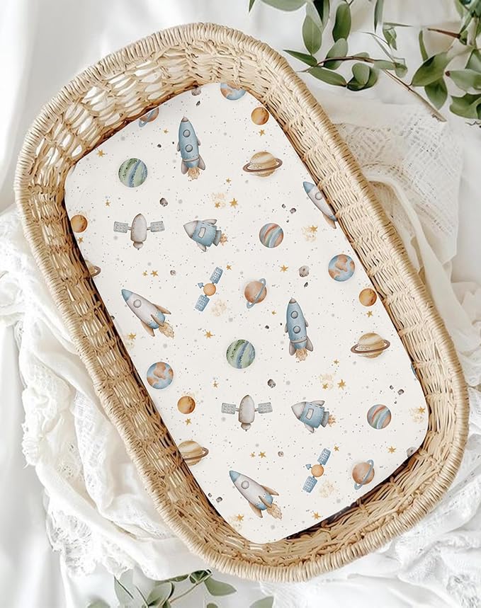 Bassinet Sheets for Baby Girls Boys 2 Pack, Fitted Baby Mattress Sheet for Rectangle, Oval, Hourglass Bassinet Mattress, Breathable Cozy & Universal Fit (Stellar Adventure)