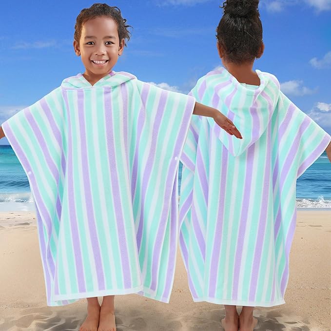 VOOVA & MOVAS Poncho Towels for Kids (4-8Years), Quick Dry Lightweight Absorbent Cotton Hooded Towel Robe for Pool | Swim | Beach | Bath, Aqua Purple Stripe