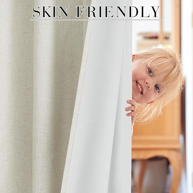 RYB HOME Cream Beige Linen 100% Blackout Curtains for Bedroom W52 x L102, Linen Blackout Curtains Privacy Assurd& Thermal Insulated for Sliding Door/Living Room/Nursery, 2 Panels