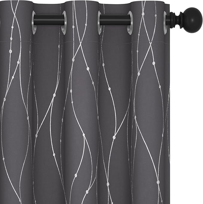 Deconovo Short Curtains Grey, Blackout Kitchen Curtain, Thermal Insulated Soundproof Drapes, Wave Dots Foil Print, 38 x 54 Inches, 2 Panels, Machine‑Washable Privacy Window Panel for Small Windows