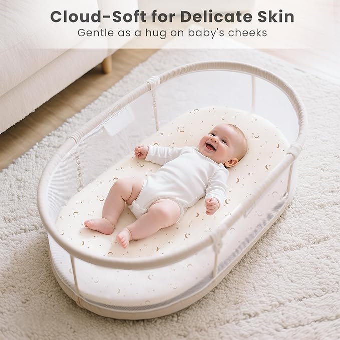 Konssy 3 Pack Stretchy Bassinet Sheets for Baby Girl Boy, Soft Breathable Baby Bassinet Mattress Sheets Fit for Hourglass Oval Cradle, Moses Basket Rectangle Mattress (Coffee Check)