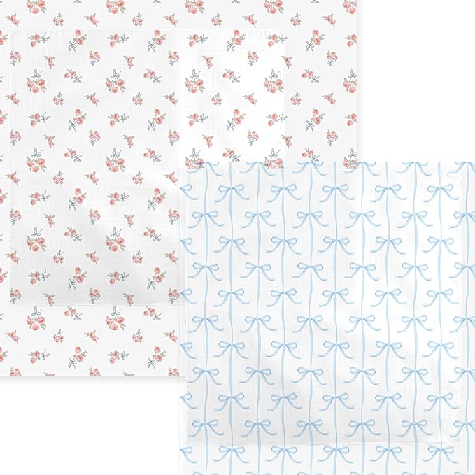 2-Pack 100% Cotton Muslin Swaddle Blankets, Large 47 x 47 Inches — Breathable Soft Receiving Blankets for Newborns, Swaddling Wraps, Baby Essentials, Registry Gift (Rose & Bow Duo)