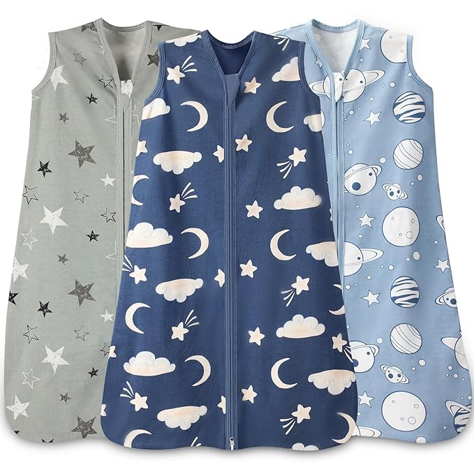 Wrrernsin Baby Sleep Sack 12-18 Months Baby Wearable Blanket 100% Cotton TOG 0.5 2-Way Zipper Newborn Sleeping Bag, 3 Pack Comfy Lightweight Sleep Sacks for Babies