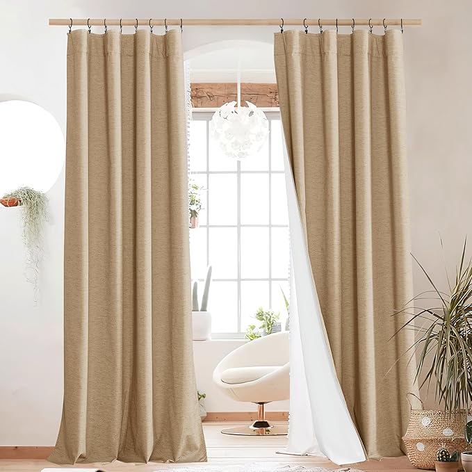 NICETOWN 100% Absolutely Blackout Linen Curtains with Thermal Insulated White Liner, Camel, W52 x L95, 2 Panels, Textured Linen Look Noise Reducing Window Treatments Drapes for Bedroom/Living Room