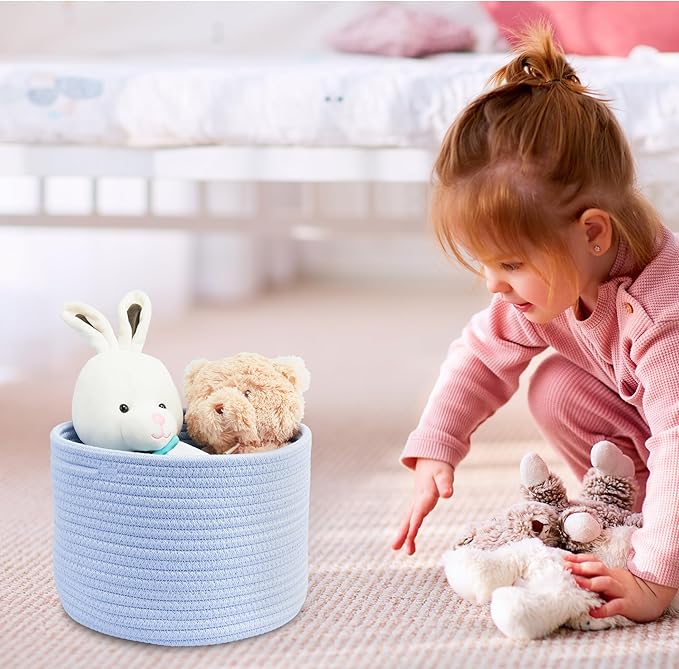 Woven Cotton Storage Baskets - 3-Pack Round Bins (10x10x7'') for Shelves, Closets & Bookcases | Durable Rope Organizers for Nursery, Baby, Toys, Easter & More (blue)