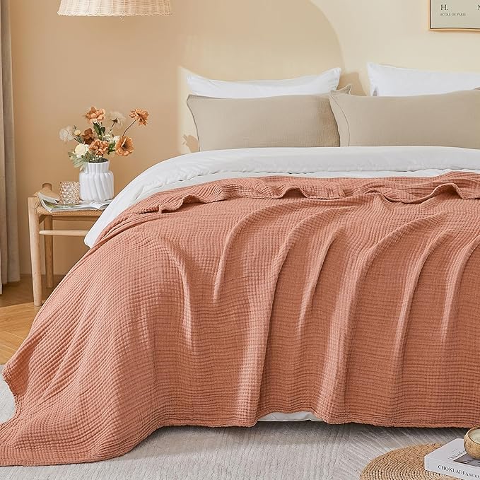 EMME Cotton Muslin Queen Blanket Bed Layering Breathable Gauze Blanket Soft Lightweight Blankets Adults (Orange Red, 90"x90")