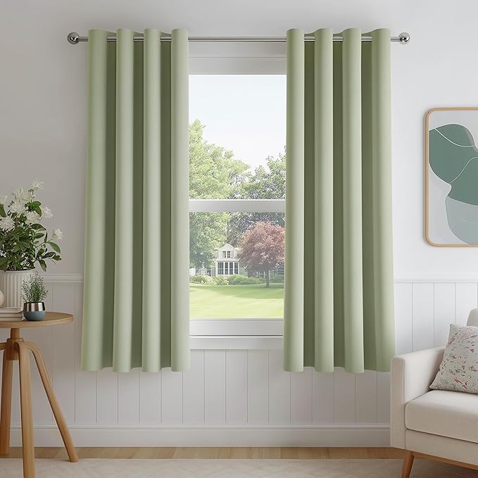 FMFUNCTEX 100% Blackout Curtains for Bedroom, Sage Green Geometric Weave Curtains 54 Inch Length Textured Thermal Insulated Curtains for Living Room, Black Out Drapery Grommet 2 Panels