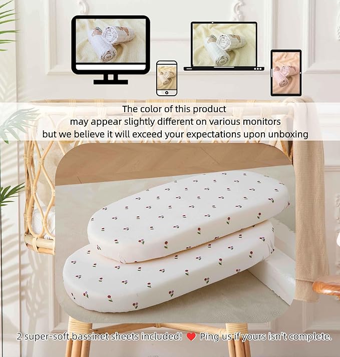 SDY Jersey Cherry Bassinet Sheets for Baby Girls,32 "x 16 "x 4", 2 Pack,Pink Cute Kawaii Standard Oval/Retangle Fitted Bassinet Sheets for Toddler,Super Soft Breathable