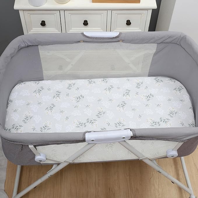 Onacosht Muslin Bassinet Sheets 3 Pack, 100% Cotton Baby Fitted Sheet 33" X 17" for Standard Rectangle Round Oval and Hourglass Bassinet Mattress, Green, Floral and Cactus