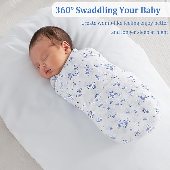 Viviland Muslin Swaddle Blanket, Baby Swaddle Blanket for Boys & Girls, Nursery Receiving Blanket for Newborn, Baby Swaddle Wrap Soft Silky & Breathable, 4 Packs, 47 X 47In, Blue Floral