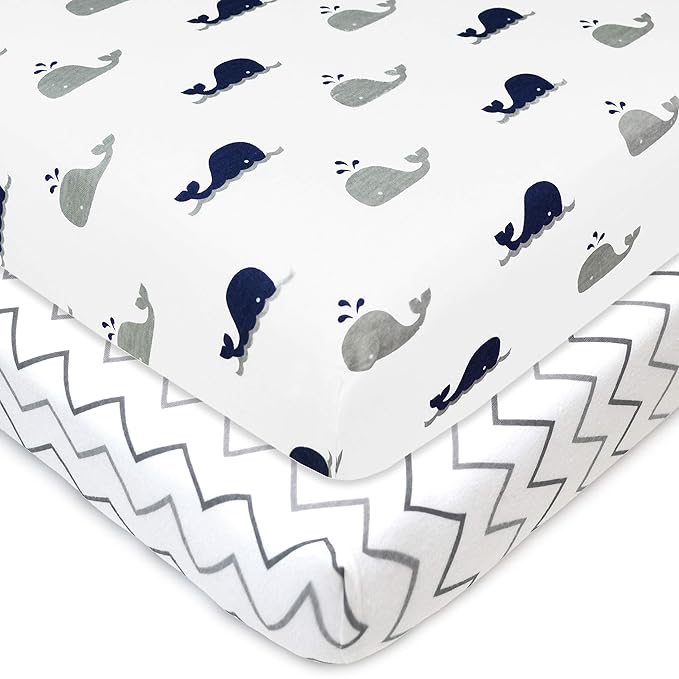 American Baby Company 2 Pack 100% Natural Cotton Fitted Mini Crib Sheets 38" x 24" - Soft & Breathable Small Nesting Portable Sheets, Fits Pack N Play Mattress, Navy Whale/Gray Zigzag, for Boy & Girl