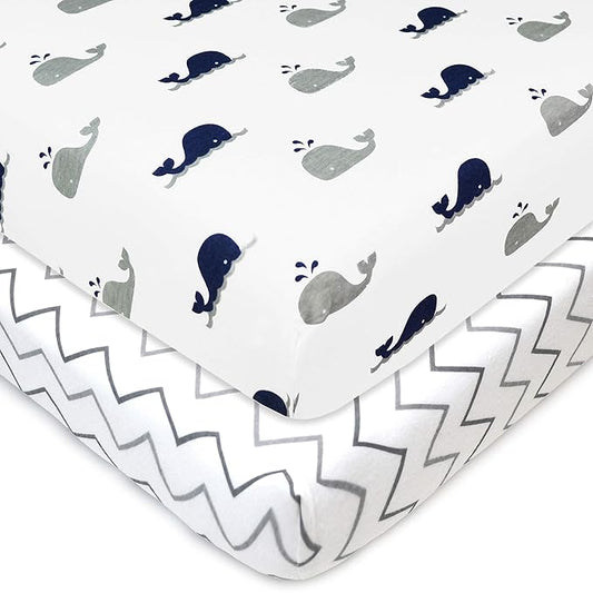 American Baby Company 2 Pack 100% Natural Cotton Fitted Mini Crib Sheets 38" x 24" - Soft & Breathable Small Nesting Portable Sheets, Fits Pack N Play Mattress, Navy Whale/Gray Zigzag, for Boy & Girl