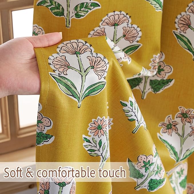 RYB HOME 100% Blackout Mustard Yellow Floral Curtains for Living Room, Patterned Flower Curtains 84 Inches Long, Thermal Insulated Drapes Window Treatment for Bedroom Dining Room, W52 x L84, 2 Panels
