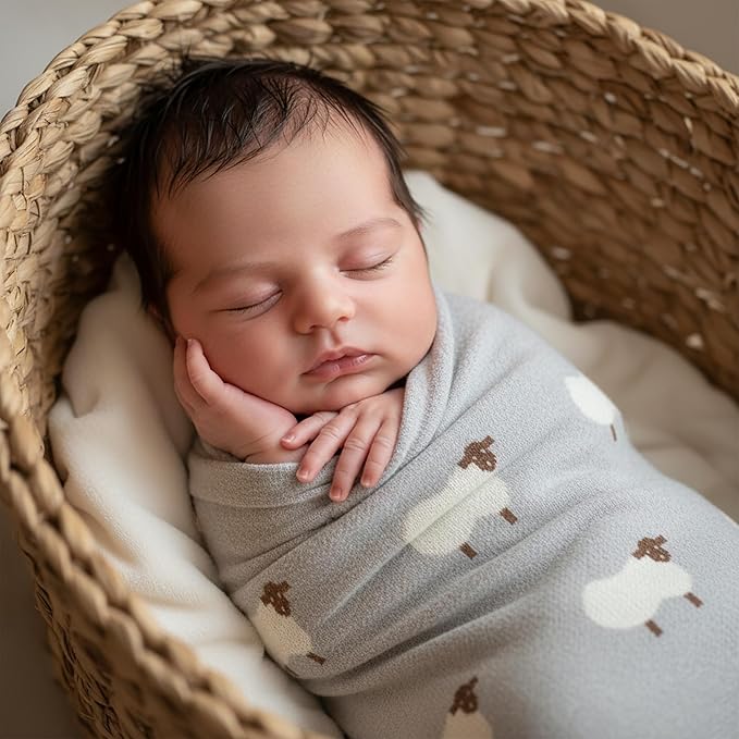 Knit Baby Swaddle Blanket - 100% Cotton Soft Cozy Lightweight Unisex Receiving Swaddling Stroller Quilt Blanket for Shower Gift Registry for Newborns Infants & Toddlers (Sheep - Grey)