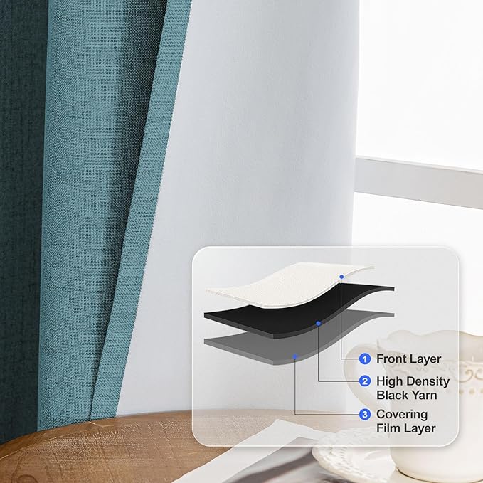 Linen 100% Blackout Curtains for Bedroom, Black Out Curtains 72 Inch Long, Room Darkening Curtains for Living Room, Long Curtain Grommets Drapes, Thermal Curtains(2 Panels, Peacock Blue)