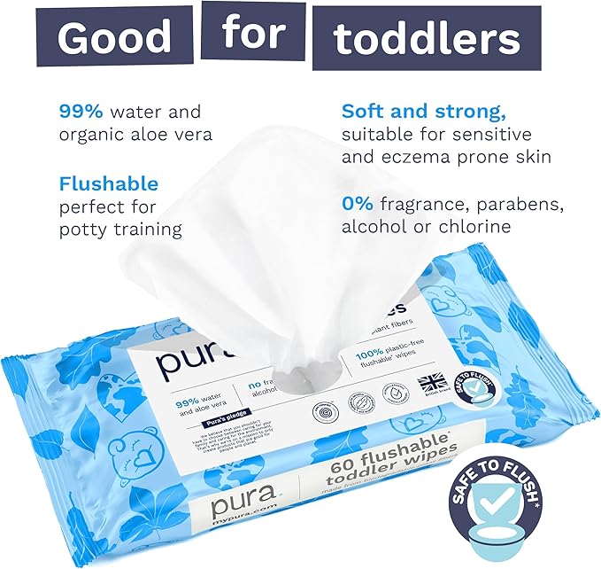 Pura Flushable Toddler Wipes 1 x 60 Wipes, 100% Plastic Free, 99% Water, Hypoallergenic & Fragrance Free, Totally Chlorine Free, Kids Toilet Wipes, Sensitive Skin