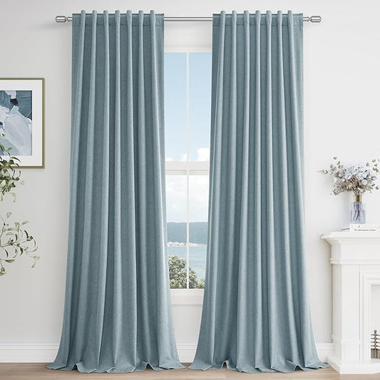 Guken 100% Blackout Curtains 90 Inch Length 2 Panels Set for Living Room Bedroom Back Tab Thermal Insulated Black Out Linen Drapes Room Darkening Window Curtains 90 Inches Long Dusty Blue