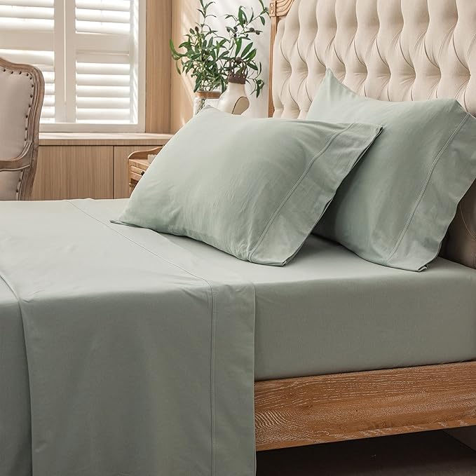 PURE ERA Jersey Knit 4pc Bed Sheet Set 100% T-Shirt Cotton Super Soft Comfy Breathable Fits Mattress Up to 20" Extra Deep Pocket (Solid Sage Green, King)