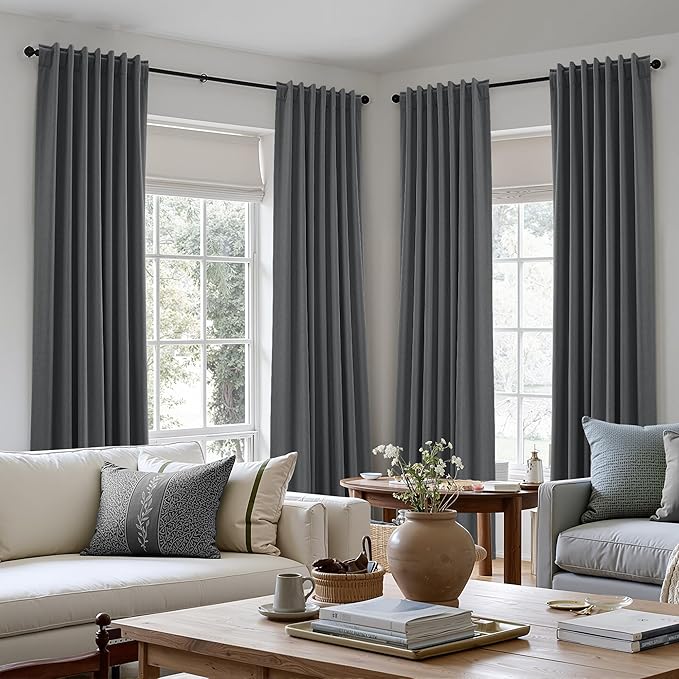 Guken 100% Blackout Curtains 108 Inch Length 2 Panels Set for Living Room Bedroom Back Tab Thermal Insulated Black Out Linen Drapes Room Darkening Blazer Grey,52x108
