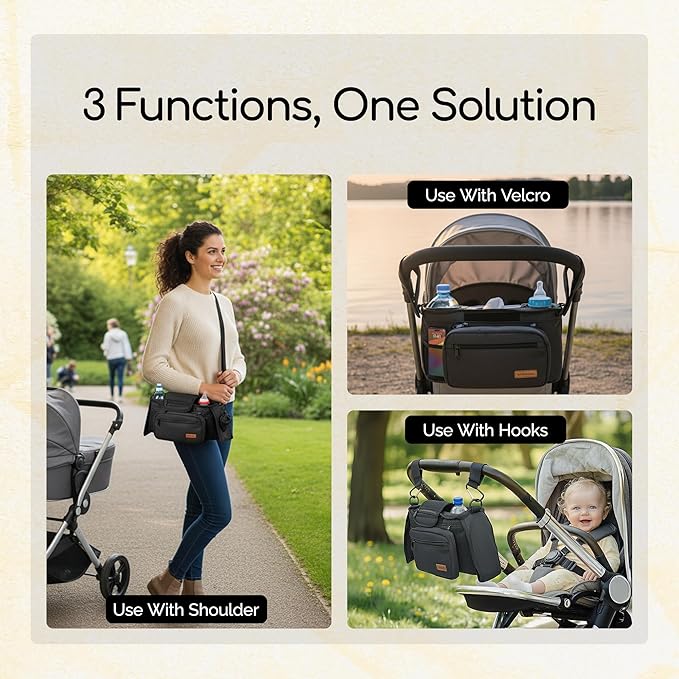 Universal Stroller Organizer Bag with 2 Insulated Cup Holder, Durable Detachable Phone Bag and Shoulder Strap – Fits for Pet Stroller Caddy, Uppababy, Baby Jogger, Britax, Doona, Nuna