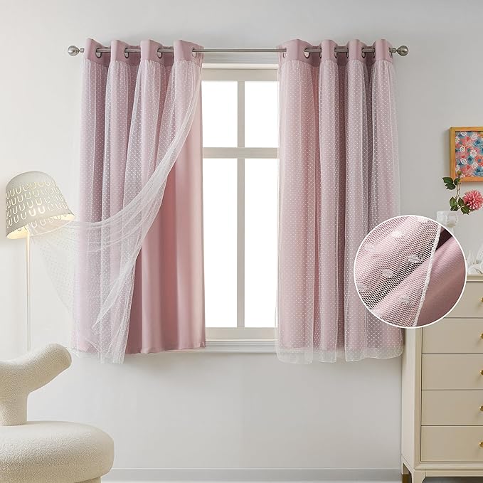 MYSKY HOME Pink Curtains for Girls Bedroom & Nursery Kids Blackout Blush Princess Curtains 72 inch Long Double Layer with Polka Dots Sheer, Grommet Tops, 52" Wide, 2 Panels