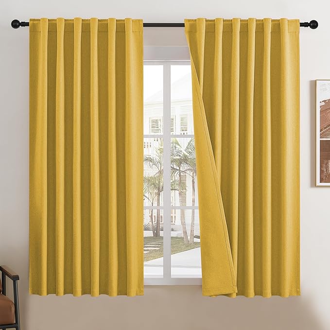 Full Black Out Curtains 72 Inch Long 2 Panels Blackout Linen Drapes for Bedroom Living Room Darkening Curtain Thermal Insulated Summer Heat Back tab Rod Pocket Pleated Drapes(50x72 Inch,Yellow)
