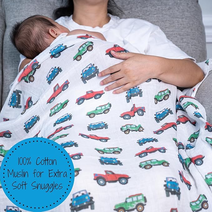 LollyBanks Muslin Swaddle Blankets, 100% Cotton Baby Boy Blanket 47 x 47 Inches, Soft Baby Swaddle Breathable, Muslin Blankets for Boys, Newborn Essentials, Registry (Vehicle Print)
