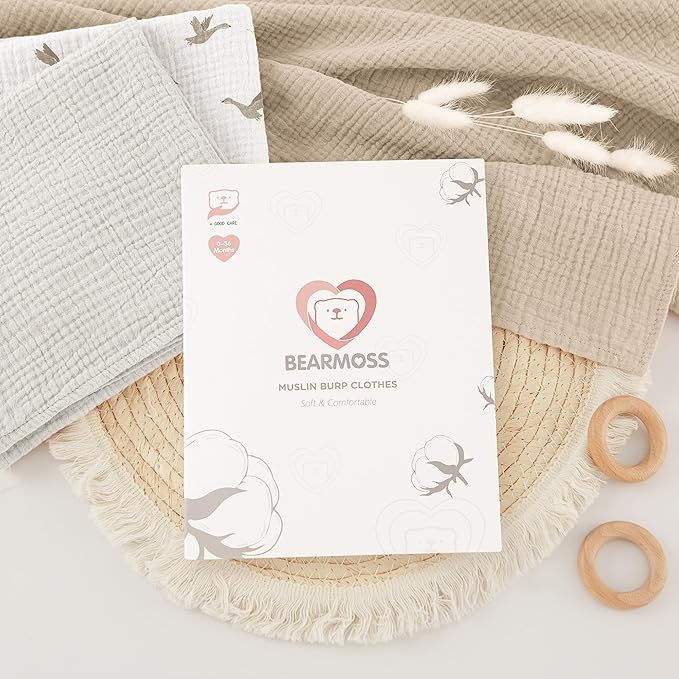 Bearmoss 100% Cotton Muslin Burp Cloths, 6 Pack Absorbent Large Baby Burping Cloths for Boy, Girl, 23.6" X 23.6" Newborn Essentials (White Apricot)