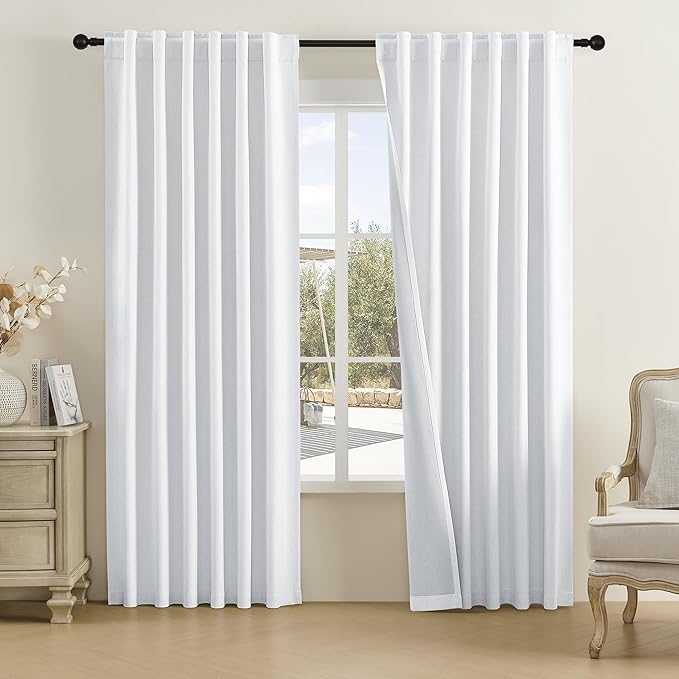 DUALIFE Greyish White Blackout Curtains White 84 Inch Long,Sun Heat&Light Blocking Thermal Insulated Drapes Linen Panels Pleated Curtains for Nursery Living Room Back Tab Pocket 50 x 84 Inches 7ft