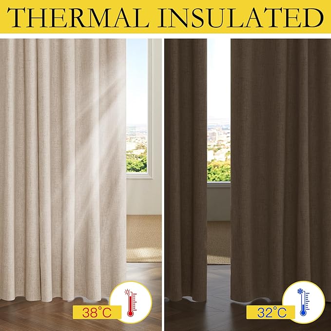 NICETOWN Cream Linen 100% Blackout Curtains, 2 Panels Set, 42 x 84 Inches, Rod Pocket Style, Thermal Insulated Room Darkening Drapes for Bedroom, Living Room, Nursery, Modern Farmhouse Decor