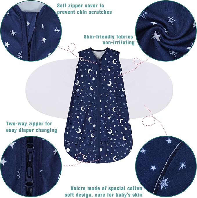 BSTOPPT Newborn Sleep Sack Baby Swaddle,Swaddle me 3-6 Month,3-Way Adjustable Wearable Blanket,100% Rayon Cotton Swaddling Sleeping Bag，TOG 0.5 (Starry Sky, 3-6 Months)