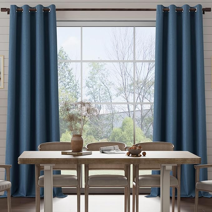 100% Blackout Linen Textured Curtains for Children's Room, Bedroom, Light Weight Curtains with Grommets Top, Full Blackout Curtains Privacy Protection, Dark Blue, 52" W x 63" L, 2 Panels