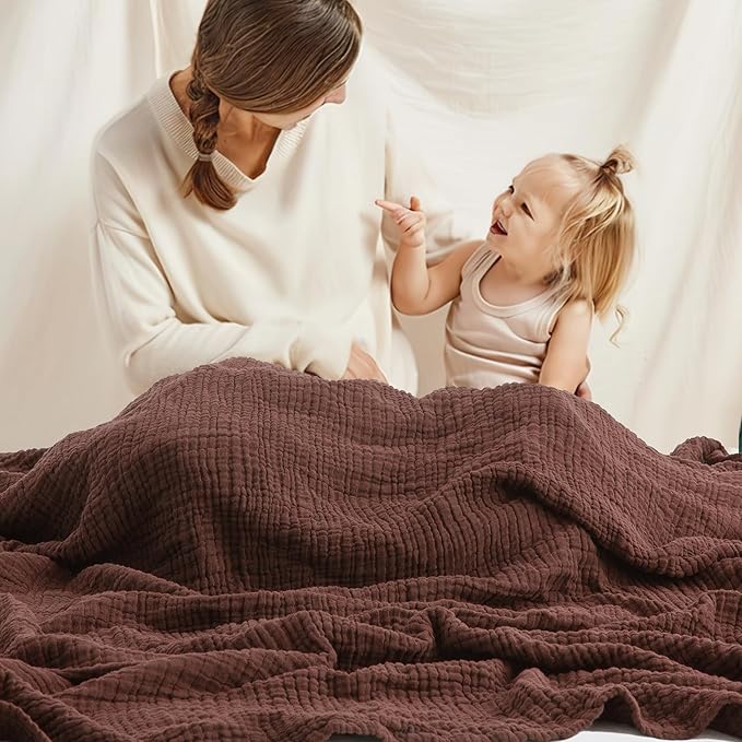 Carriediosa 100% Cotton Muslin Throw Blanket 90" X 90" Queen Size，4-Layers Summer Gauze Throws for Bed Couch，Soft Lightweight Breathable Linen Blankets Bedspread for Adults All Season，Dark Brown