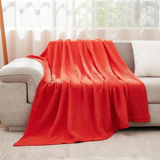 EMME Cotton Muslin Twin XL Blanket Breathable Gauze Blanket Soft Lightweight Blankets Adults Gifts for Women (Orange Rust, 66"x90")