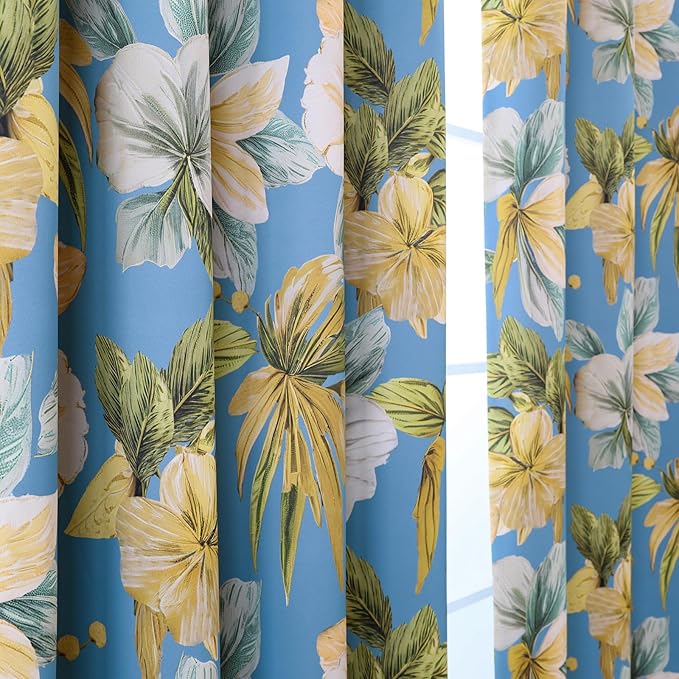 L.Z.E Blue Floral Curtains for Bedroom Light Blue Yellow Vintage Blackout Curtains 63 Inch Long 85% Room Darkening Drapes for Living Room Thermal Grommet Top 2 Panels Set Retro Short