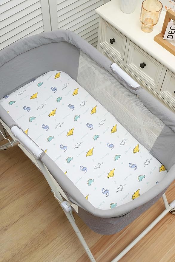 Onacosht Muslin Bassinet Sheets 3 Pack, 100% Cotton Baby Sheet 35" X 20" Compatiable with AMKE 3 in 1 Bassinets, MiClassic, Uiuwoo, Foalom, YADAQE, Milliard and TCBunny Bassinet, Dinosaur Car and Blue